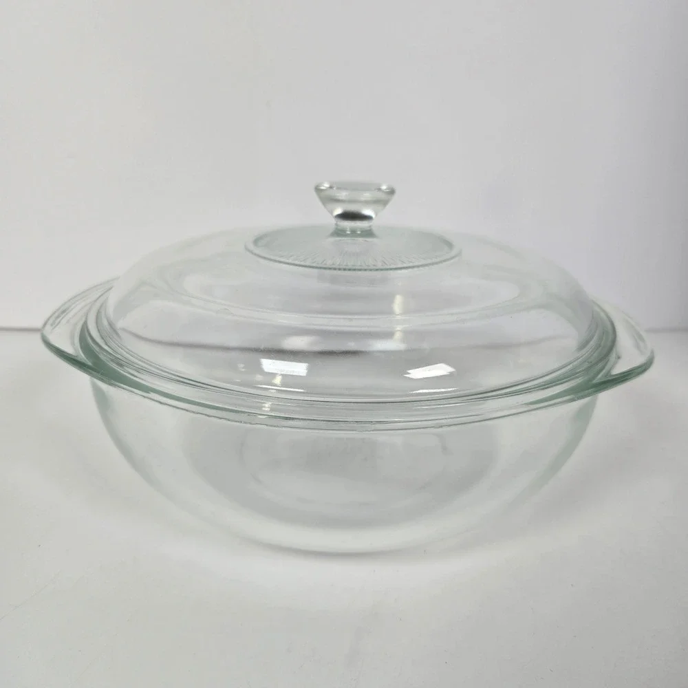 Pyrex Casserole Dish 2qt Clear 024 Round Glass Bowl with Lid Vintage MCM vtg